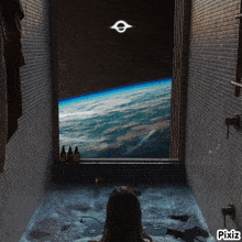 a woman in a bathtub looking out a window with a black hole in the sky above her