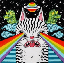 a cartoon drawing of a cat with a rainbow coming out of its eyes