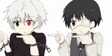 a couple of anime characters are pointing at each other .