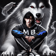 a man in a mb hoodie sits in front of a large wolf