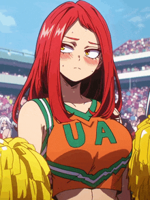 a cheerleader with red hair is wearing a shirt that says ua on it