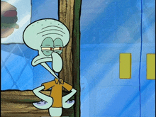 squidward from spongebob squarepants is standing in front of a glass door
