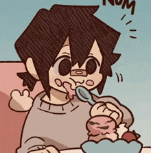 a cartoon drawing of a person eating ice cream with the word num above them