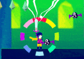 a cartoon of a girl surrounded by colorful papers and a purple monster
