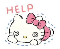 a drawing of hello kitty with a pink bow and the word help