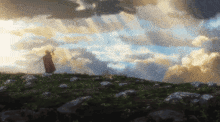 a person standing on top of a hill holding a stick