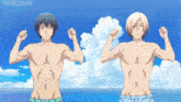 two anime characters are flexing their muscles in front of a blue sky with clouds and the words nods sama on the bottom