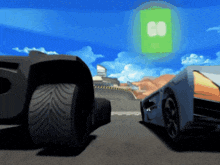 two cars are racing on a track with a green sign that says 80