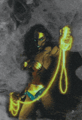 a woman in a wonder woman costume is holding a glowing yellow rope