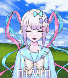 a pixel art drawing of a girl with pigtails and the words hi vin on the bottom