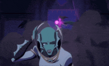 a cartoon character is holding a purple ball in her hand