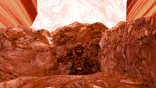 a computer generated image of a monkey in a cave with a red background