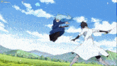 two anime characters are fighting in a field and one of them has a sword
