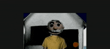 a cartoon character with a yellow shirt and a mustache is standing in front of a white house .