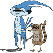 a drawing of a bird and a raccoon standing next to each other