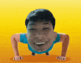 a man in a blue shirt is doing push ups with his head in the air