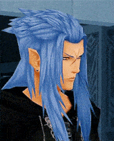 a video game character with long blue hair has a piercing in his ear