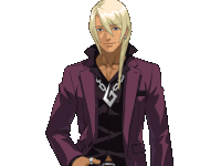 a man with long blonde hair wearing a purple suit