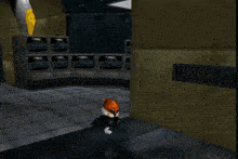a bunch of cartoon characters are walking in a hallway and one of them has a red hat on