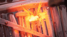 a close up of a wooden fence with a bullet coming out of it