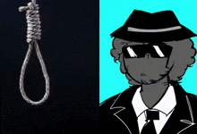 a drawing of a man wearing sunglasses next to a picture of a noose