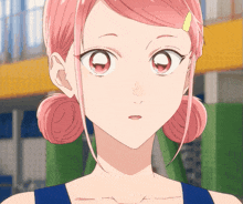 a close up of a pink haired anime girl