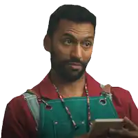 a man wearing an apron is holding a cell phone and asking for suggestions