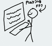 a drawing of a stick figure playing ff7 on a computer