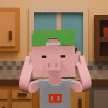 a cartoon pig wearing a green hat and a gray shirt with the letter b on it