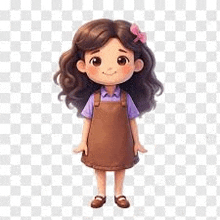 a little girl with long brown hair is wearing a brown dress and overalls .