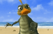 a cartoon duck is standing on a sandy beach .