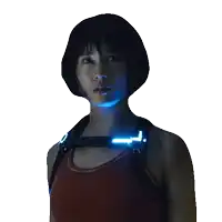 a woman wearing a red tank top with a blue light on her chest