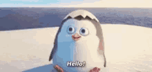 a penguin from the movie madagascar is waving at the camera and saying hello .