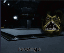a cartoon of a chef holding a knife next to a monster with the word revenge on it