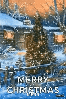 a merry christmas greeting card with a christmas tree in front of a snowy house .