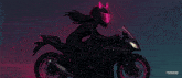 a woman is riding a motorcycle with horns on her helmet