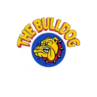 a logo for the bulldog shows a yellow dog with spikes on its collar