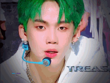 a close up of a person 's face with the word treas in the corner