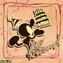 a cartoon character holding a cake with the words happy 40th anniversary