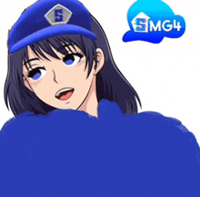 a cartoon girl wearing a blue hat and a blue sweater
