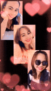 a woman wearing sunglasses and a shirt that says i love you is surrounded by hearts