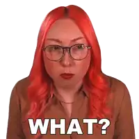 a woman with red hair is wearing glasses and says what