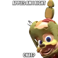 a cartoon character with the words apples ami right chat written on it