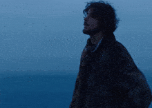 a man with a beard is standing in front of a blue sky