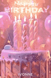 a birthday cake with candles and balloons and the words happy birthday written on it