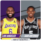a lakers and spurs basketball game is being played on nov 14