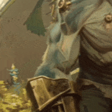 a close up of a painting of a person holding a hammer