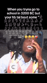 a man in a safety vest is laughing in front of a keyboard that says when you tryna go to school in 3200 bc