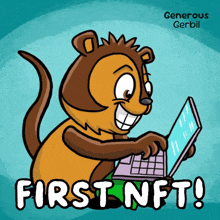 a cartoon of a squirrel using a laptop and the words first nft