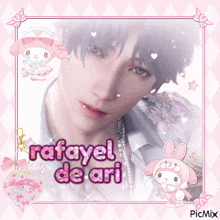 a picture of rafael de ari is surrounded by pink decorations